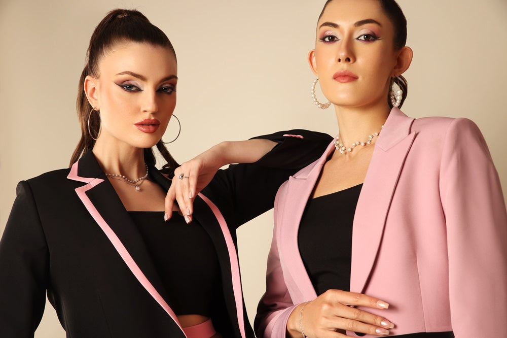 Party wear premium quality blazer pant sets for women in black and pink styled by two models